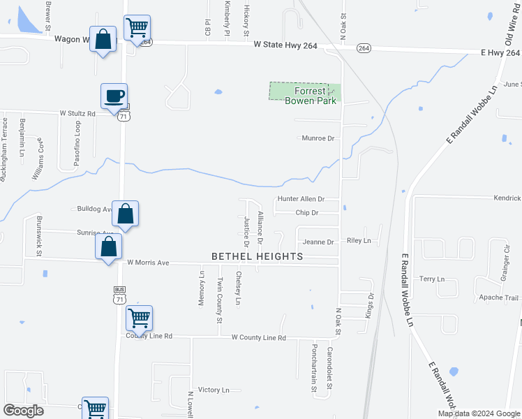 map of restaurants, bars, coffee shops, grocery stores, and more near 3603 Alliance Drive in Springdale