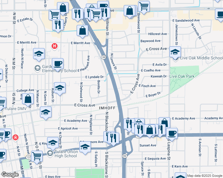map of restaurants, bars, coffee shops, grocery stores, and more near 1080 Beverly Drive in Tulare
