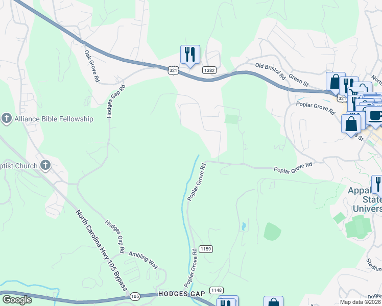 map of restaurants, bars, coffee shops, grocery stores, and more near 1257 Poplar Grove Road in Boone