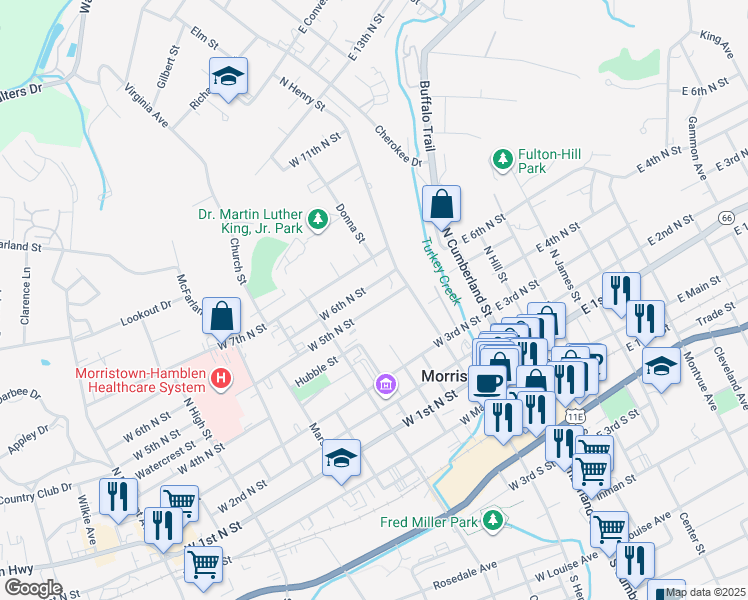 map of restaurants, bars, coffee shops, grocery stores, and more near 307 West 5th North Street in Morristown