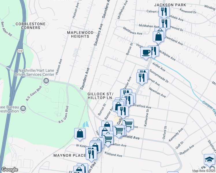 map of restaurants, bars, coffee shops, grocery stores, and more near 3814 Burrus Street in Nashville