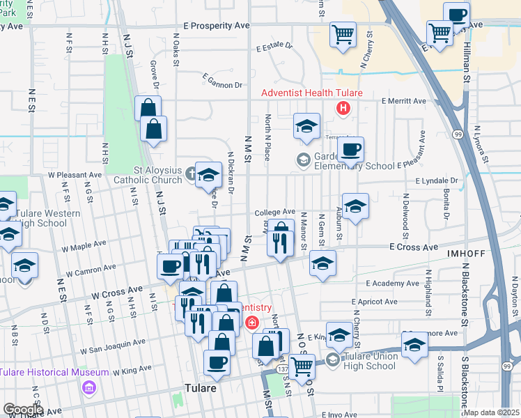 map of restaurants, bars, coffee shops, grocery stores, and more near 601 North North Place in Tulare