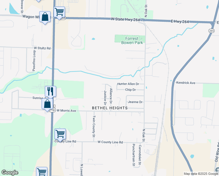 map of restaurants, bars, coffee shops, grocery stores, and more near 3598 Alliance Drive in Springdale