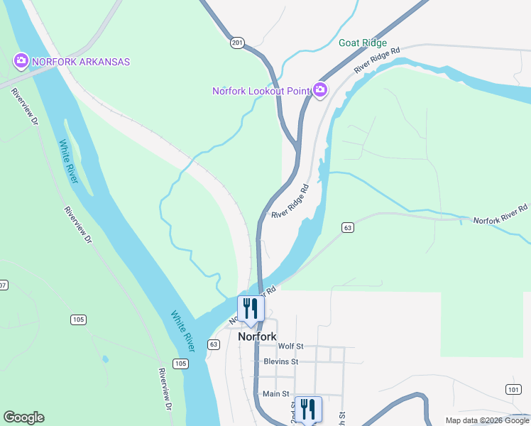 map of restaurants, bars, coffee shops, grocery stores, and more near State Highway 5 South in Norfork