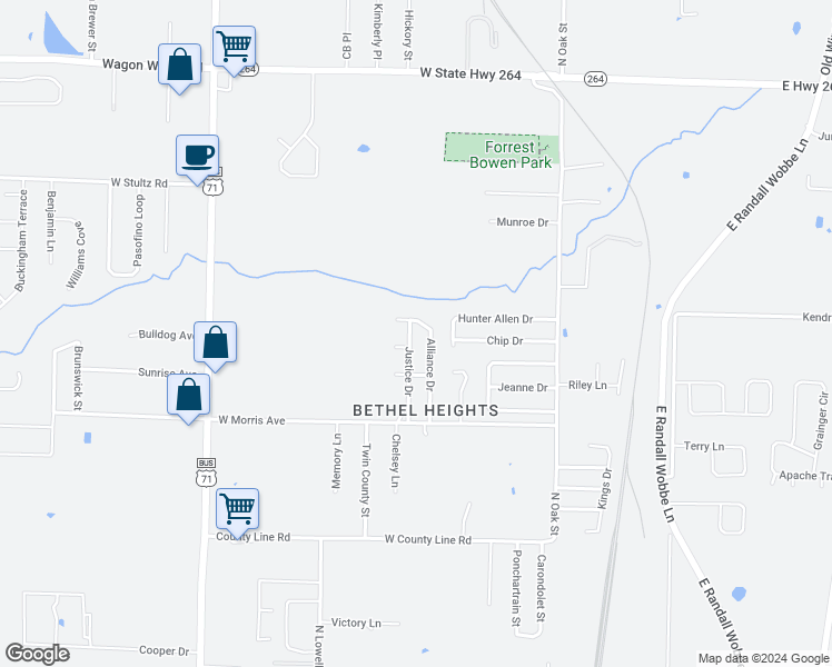 map of restaurants, bars, coffee shops, grocery stores, and more near 3589 Justice Drive in Bethel Heights