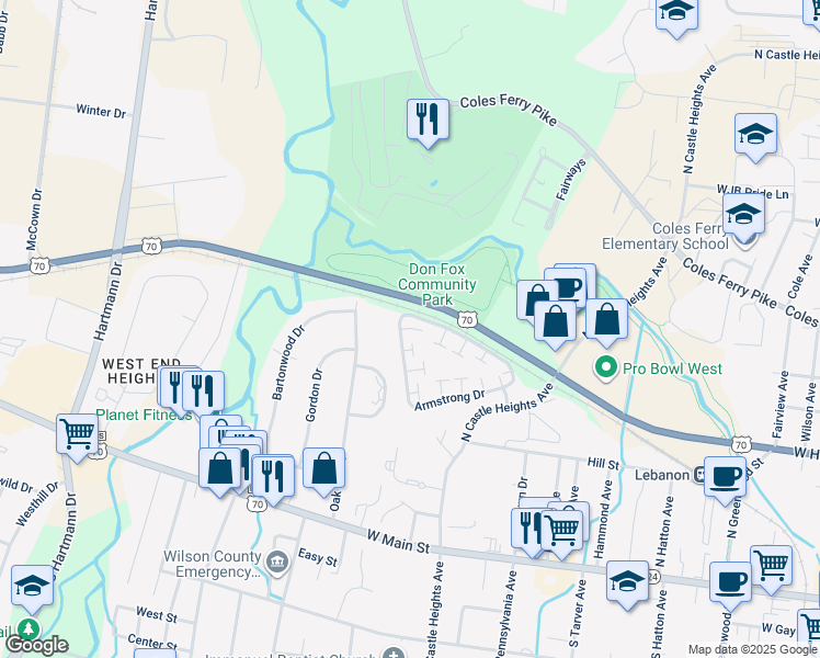 map of restaurants, bars, coffee shops, grocery stores, and more near 1 Hurd Court in Lebanon