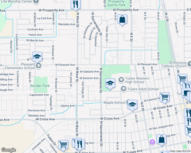 map of restaurants, bars, coffee shops, grocery stores, and more near 751 San Simeon Court in Tulare