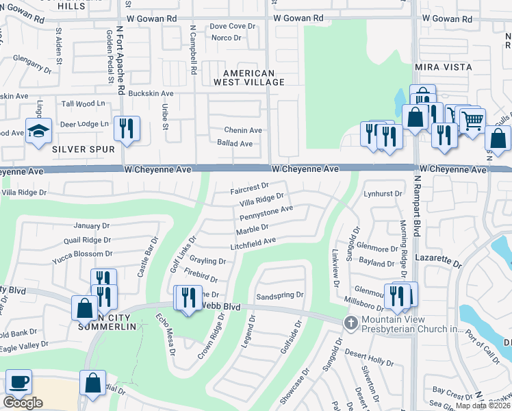 map of restaurants, bars, coffee shops, grocery stores, and more near 8917 Villa Ridge Drive in Las Vegas