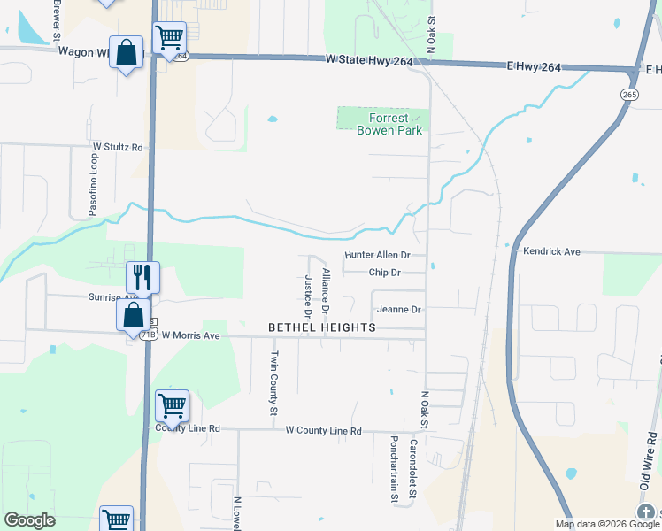 map of restaurants, bars, coffee shops, grocery stores, and more near 3603 Alliance Drive in Springdale