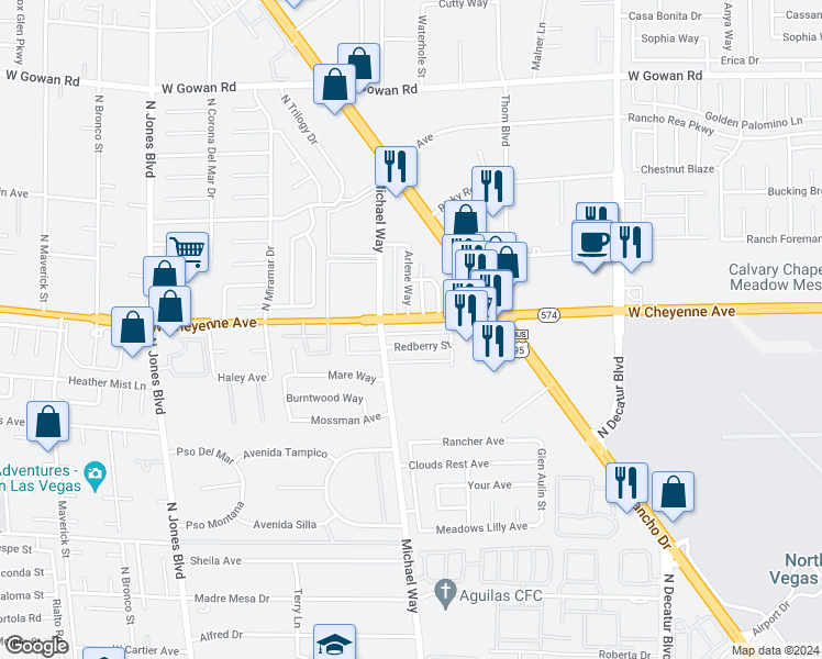 map of restaurants, bars, coffee shops, grocery stores, and more near 5301 Redberry Street in Las Vegas