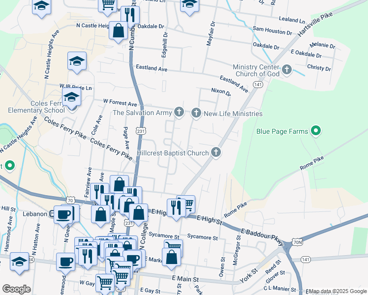 map of restaurants, bars, coffee shops, grocery stores, and more near 207 Burdock Street in Lebanon