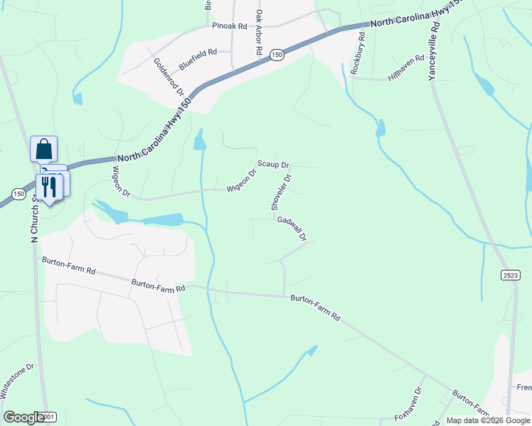 map of restaurants, bars, coffee shops, grocery stores, and more near 7805 Gadwall Court in Greensboro