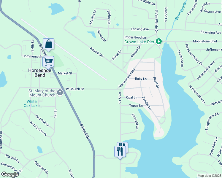 map of restaurants, bars, coffee shops, grocery stores, and more near 201 West Church Street in Horseshoe Bend