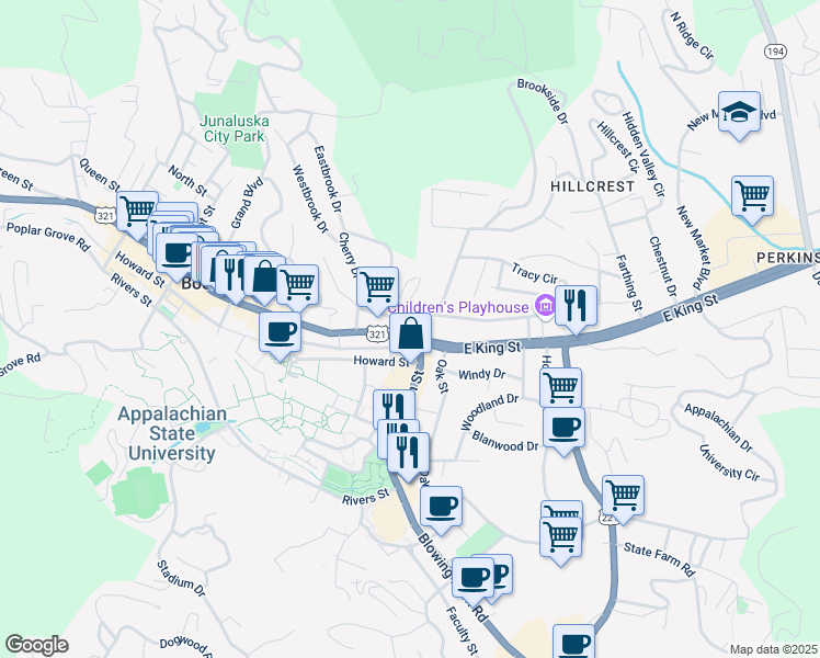 map of restaurants, bars, coffee shops, grocery stores, and more near 116 West King Street in Boone