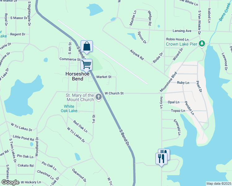 map of restaurants, bars, coffee shops, grocery stores, and more near 100 Market Street in Horseshoe Bend