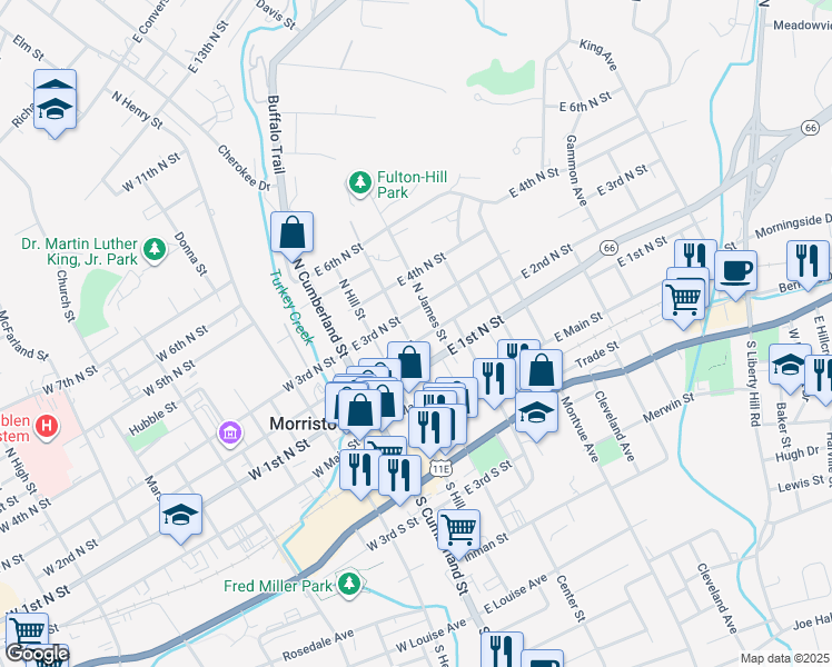 map of restaurants, bars, coffee shops, grocery stores, and more near 307 East 2nd North Street in Morristown