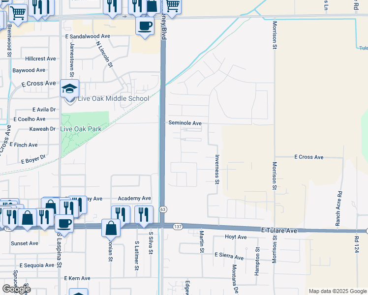 map of restaurants, bars, coffee shops, grocery stores, and more near 682 Mooney Boulevard in Tulare