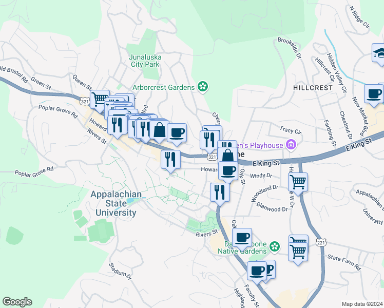 map of restaurants, bars, coffee shops, grocery stores, and more near 143 Cherrybrook Lane in Boone