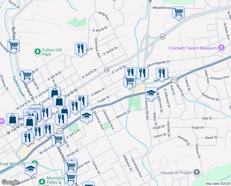 map of restaurants, bars, coffee shops, grocery stores, and more near 1001 Trade Street in Morristown
