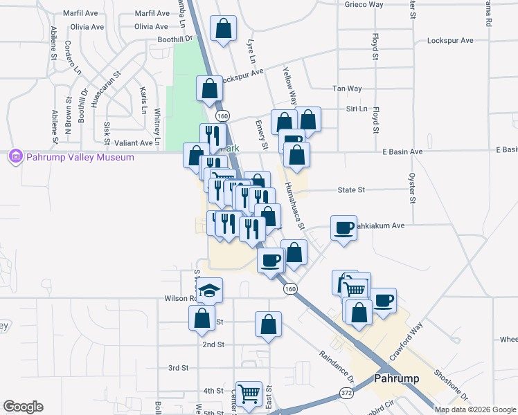 map of restaurants, bars, coffee shops, grocery stores, and more near 160 Emery Street in Pahrump