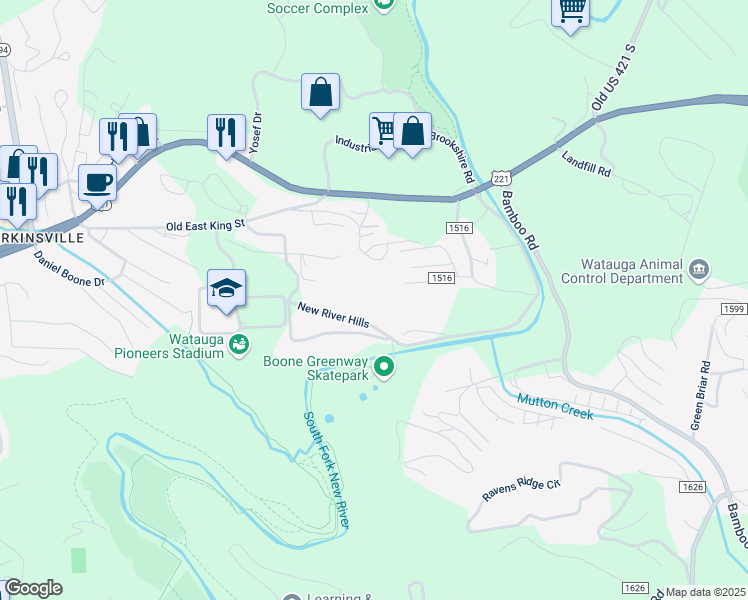 map of restaurants, bars, coffee shops, grocery stores, and more near 212 Somerset Drive in Boone