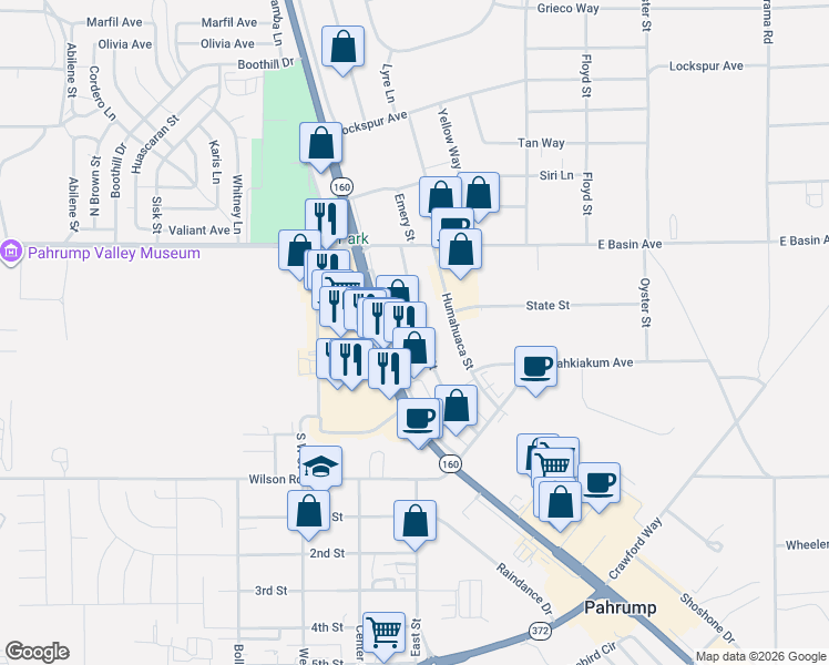 map of restaurants, bars, coffee shops, grocery stores, and more near 200 Emery Street in Pahrump