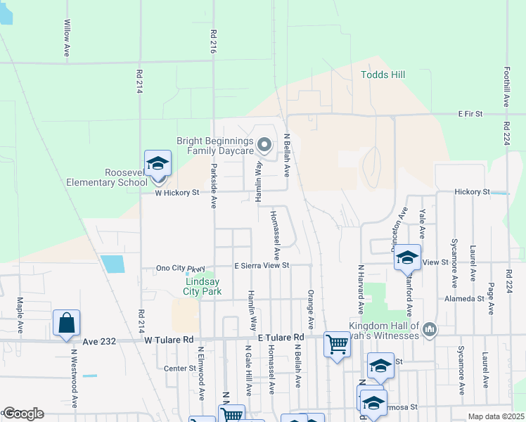 map of restaurants, bars, coffee shops, grocery stores, and more near 500 E Hickory St in Lindsay