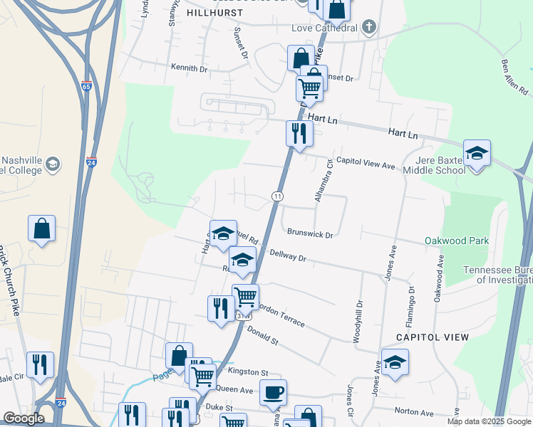 map of restaurants, bars, coffee shops, grocery stores, and more near 2710 Dickerson Pike in Nashville