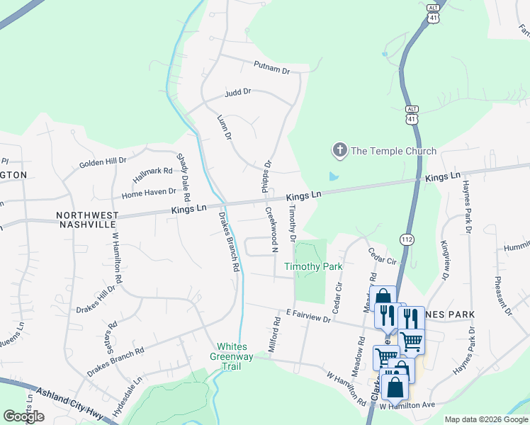 map of restaurants, bars, coffee shops, grocery stores, and more near 3911 Kings Lane in Nashville