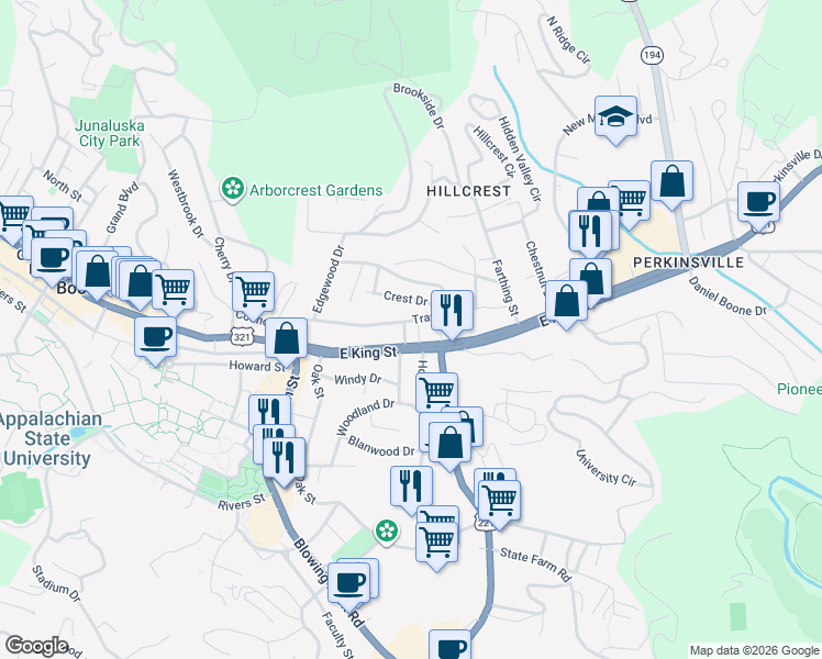 map of restaurants, bars, coffee shops, grocery stores, and more near 134 Mac Street in Boone