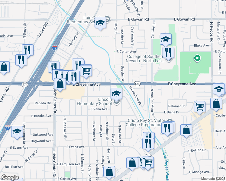 map of restaurants, bars, coffee shops, grocery stores, and more near 2625 East Cheyenne Avenue in North Las Vegas