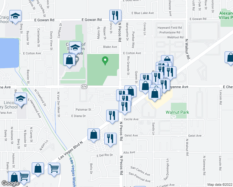 map of restaurants, bars, coffee shops, grocery stores, and more near 3400 East Cheyenne Avenue in North Las Vegas