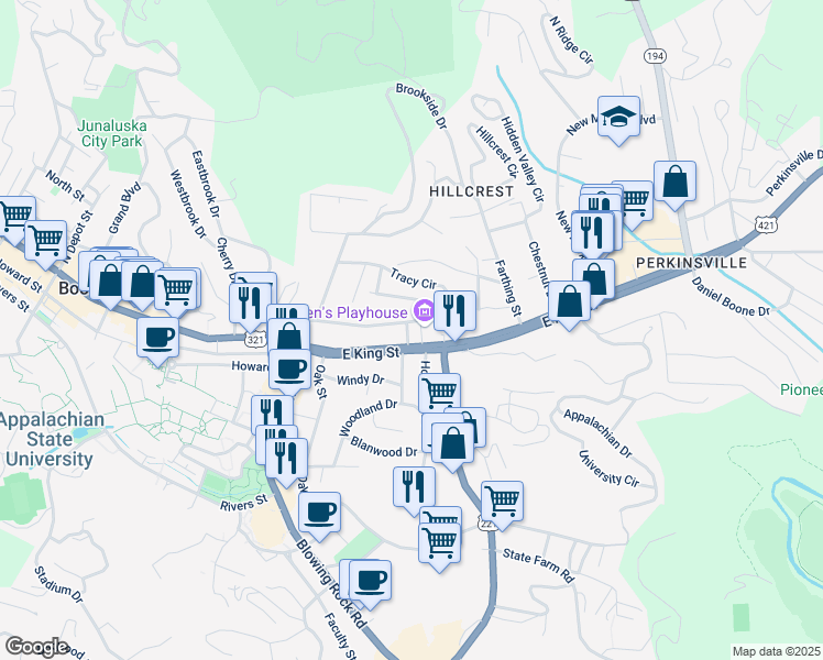map of restaurants, bars, coffee shops, grocery stores, and more near 167 Crest Drive in Boone