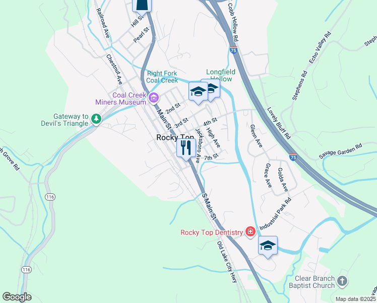 map of restaurants, bars, coffee shops, grocery stores, and more near 601 Church Avenue in Rocky Top