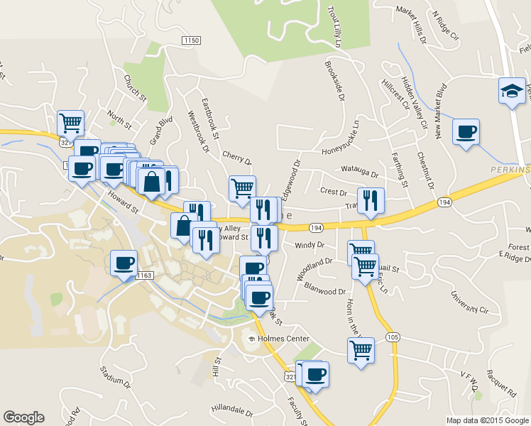 map of restaurants, bars, coffee shops, grocery stores, and more near 122 Councill Street in Boone
