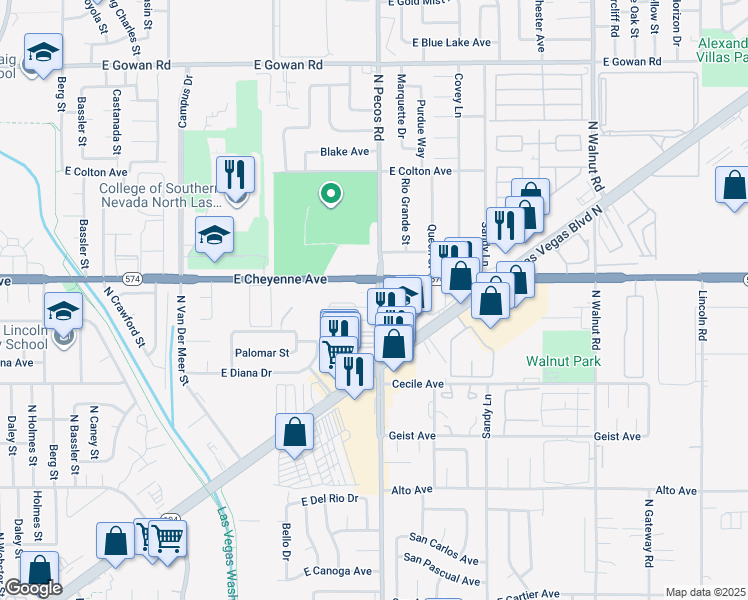 map of restaurants, bars, coffee shops, grocery stores, and more near 3125 North Pecos Road in North Las Vegas