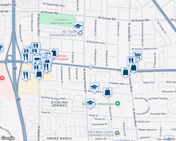 map of restaurants, bars, coffee shops, grocery stores, and more near 6325 West Barkstone Avenue in Las Vegas