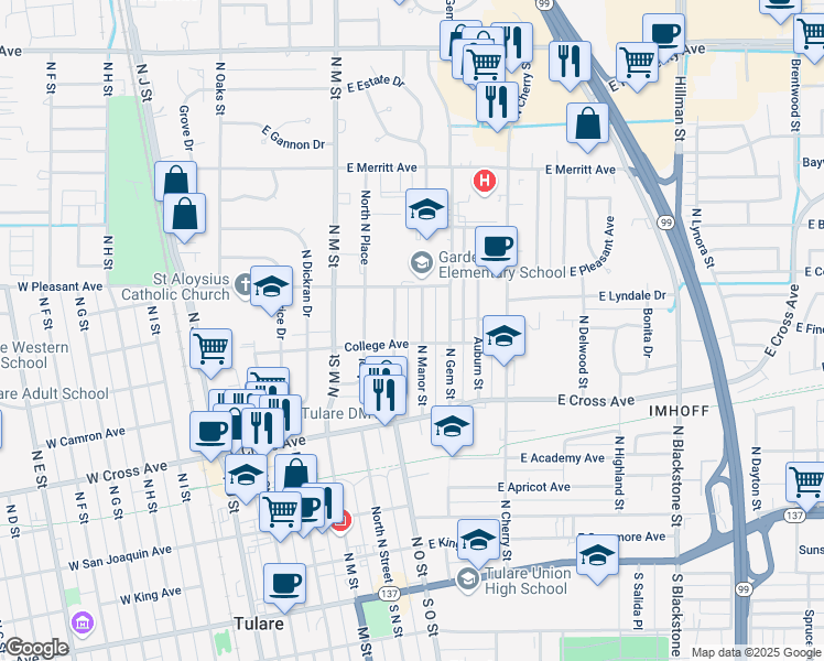 map of restaurants, bars, coffee shops, grocery stores, and more near 625 North Manor Street in Tulare
