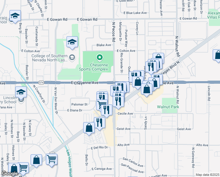 map of restaurants, bars, coffee shops, grocery stores, and more near 3125 North Pecos Road in North Las Vegas