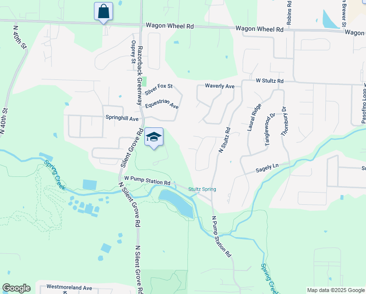 map of restaurants, bars, coffee shops, grocery stores, and more near 2398 Surrey Lane in Springdale