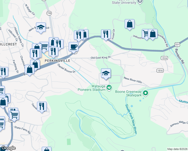 map of restaurants, bars, coffee shops, grocery stores, and more near 247 Daniel Boone Drive Extension in Boone