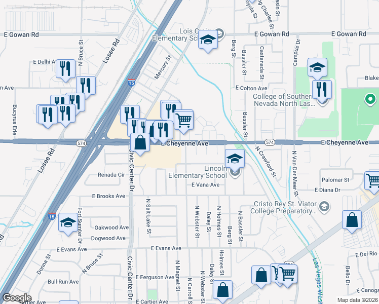 map of restaurants, bars, coffee shops, grocery stores, and more near 2511 East Cheyenne Avenue in North Las Vegas
