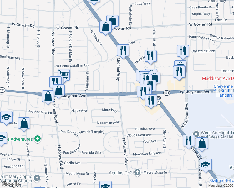 map of restaurants, bars, coffee shops, grocery stores, and more near 3204 Michael Way in Las Vegas