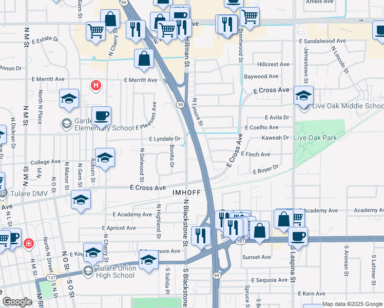map of restaurants, bars, coffee shops, grocery stores, and more near 623 North Blackstone Street in Tulare