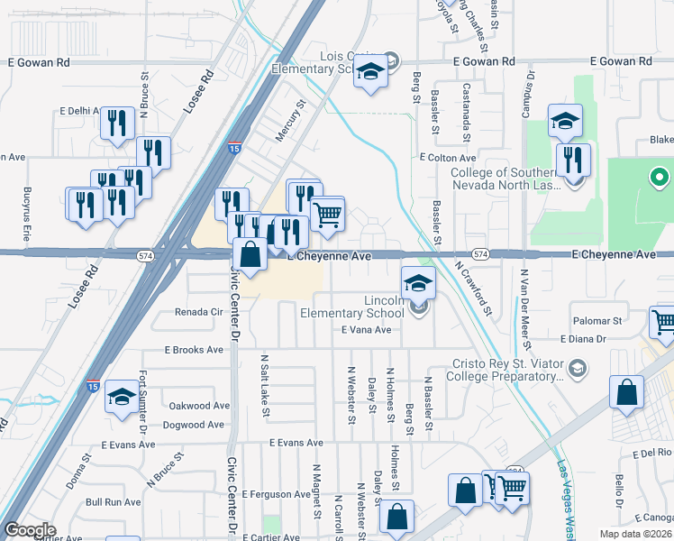 map of restaurants, bars, coffee shops, grocery stores, and more near 2511 East Cheyenne Avenue in North Las Vegas