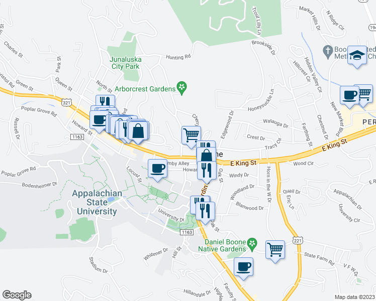map of restaurants, bars, coffee shops, grocery stores, and more near 202 West King Street in Boone