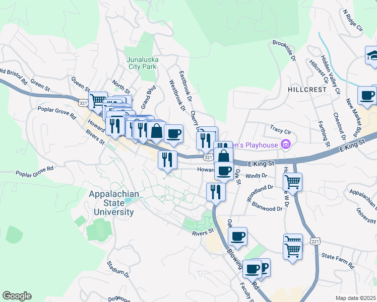 map of restaurants, bars, coffee shops, grocery stores, and more near 155 Campus Ridge Drive in Boone