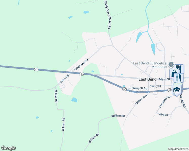 map of restaurants, bars, coffee shops, grocery stores, and more near 624 N Carolina 67 in East Bend