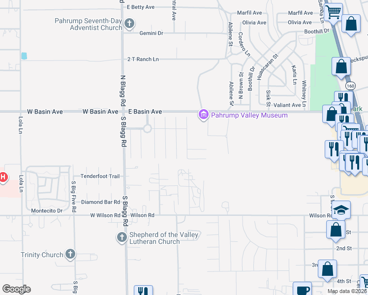 map of restaurants, bars, coffee shops, grocery stores, and more near 170 South Magnolia Boulevard in Pahrump