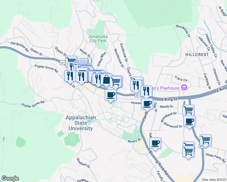 map of restaurants, bars, coffee shops, grocery stores, and more near 240 Wallace Circle in Boone